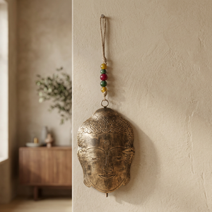 Campana de pared con cabeza de Buda, decoración metálica con cuentas, estilo rústico - Product Image 1