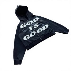 Sudaderas con Capucha de Alta Calidad OMMIZ, Bordado con Apliques, Cierre de Cremallera, Estilo Urbano, Vintage, Desgastado, Tejido de Felpa Francesa - Product Image 4