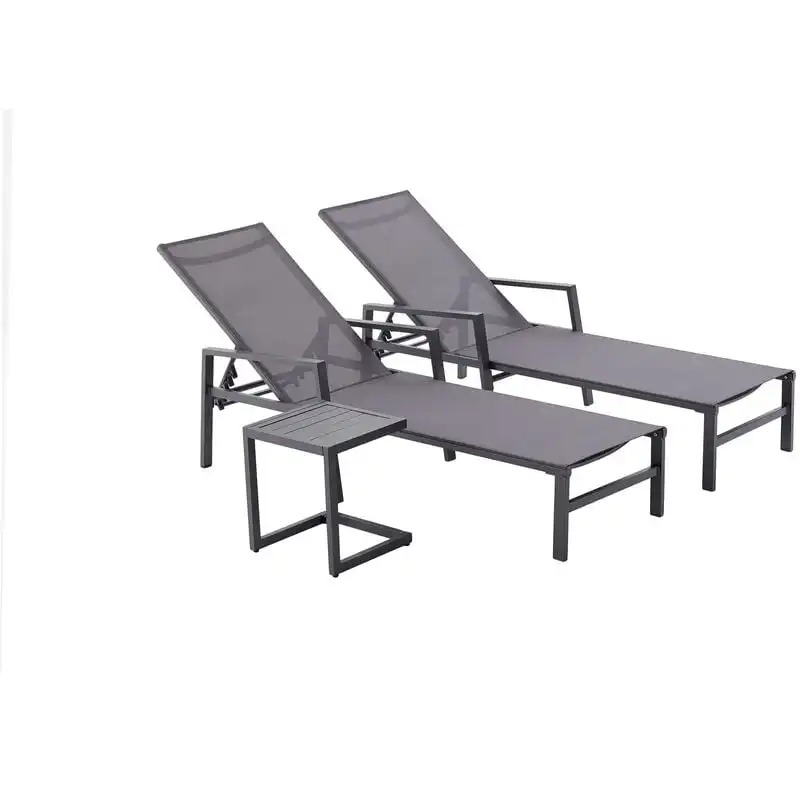 Textilene ชุดเก้าอี้นอน3ชิ้น,พร้อมโต๊ะข้างอลูมิเนียมปรับด้านหลังสำหรับสนามสวนอาบแดดทุกฤดูกาล