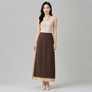 Jupe midi élégante taille haute marron avec dentelle, jupe droite en mousseline unie longueur cheville pour femme, toutes saisons - Product Image 1
