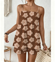 Ensemble court 2 pièces personnalisé pour femme en rayonne à fines bretelles, imprimé floral Hibiscus AOP, idéal pour l'été et les vacances à la plage