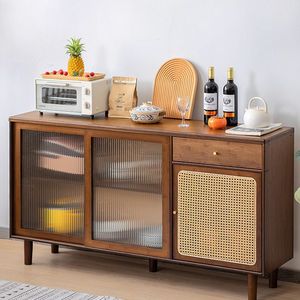 Modern Minimalist Solid Wood <b>Sideboard</b> With Glass And Rattan Doors Kitchen <b>Storage</b> Cabinet For Living Room Or Dining Area - Product Image 1