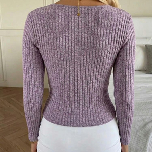 เสื้อถักคอไขว้สีม่วงอ่อน แขนยาว สไตล์ลำลองรัดเอว สำหรับฤดูใบไม้ร่วงและฤดูหนาว - Product Image 5