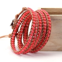 Trendy Chic Femme pour Bracelet Perles De Corail Rouge sur Cuir Wrap Pierre Naturelle Classique Style Bohème Amoureux Motif
