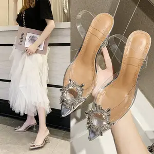 Sandalias transparentes de PVC para mujer, zapatos de tacón alto de lujo con cristales, de diseñador