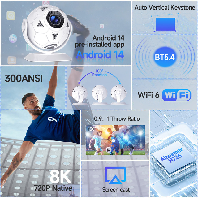 HY300F Projector LED LCD New 2026 Android 14 1080P Projector WiFi 6 BT5.4 8K Auto Focus