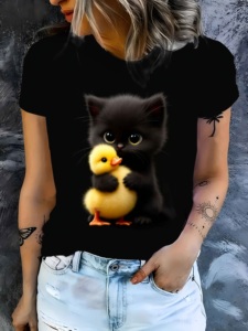 Camiseta de manga corta para <span class=keywords><strong>mujer</strong></span>, estilo europeo y americano, cómoda, moderna, sencilla, con estampado digital de animales. - Product Image 2