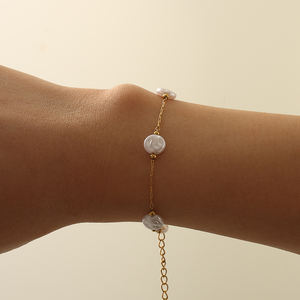 ミニマリストスタイル淡水ラウンドフラットパールネックレスブレスレットセットステンレススチールピュアパールセットクラシックパールジュエリー - Product Image 5