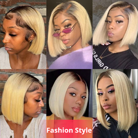 Perruques Courtes Bob en Cheveux Naturels Indiens Pré-Pluckées, Lisses, Transparents, avec Dentelle Frontale Complète, Couleur 1B 613 Blonde, pour Femmes Noires