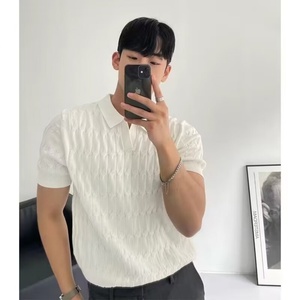Nouveau T-shirt d'été pour homme, style européen et américain, coupe ajustée, en maille fine, à manches courtes, col rayé 3D, tendance, pour le bureau - Product Image 1