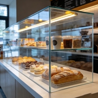 Vitrine à desserts élégante en verre trempé transparent avec base en acier inoxydable titane, design compact pour comptoir, éclairage LED