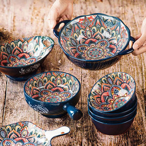 Services de table en porcelaine de style américain – Résistants au four, au lave-vaisselle et au micro-ondes, motif floral, kit d'ustensiles, assiettes et bols en céramique pour - Product Image 5