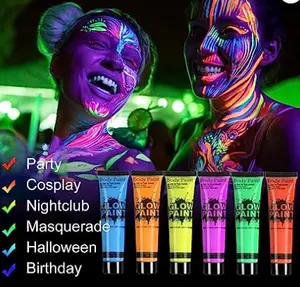 Halloween party makeup fluorescente black light reactive outdoor uv neon glow in dark liquid face paint set tube kit