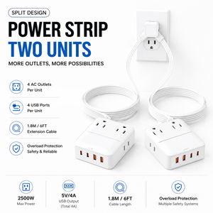 Regleta de Enchufes de Diseño Dividido, 2 Unidades, 4 Tomas de CA, 4 Puertos USB, Cable de 1.8M, Protección Contra Sobrecarga, Seguridad Confiable - Product Image 1