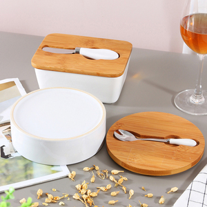 Tùy Chỉnh Lớn Vòng Hình Chữ Nhật Gốm Bơ Món Ăn Với Dao Và Nắp Gỗ Bơ <span class=keywords><strong>Container</strong></span> Hộp Bơ - Product Image 2