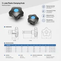 Manija de sujeción de plástico ABS de nailon con perilla de estrella de 5 lóbulos, rosca hembra M5 M6 M8 M10, tapa central azul para fijación de gabinetes de máquinas herramienta