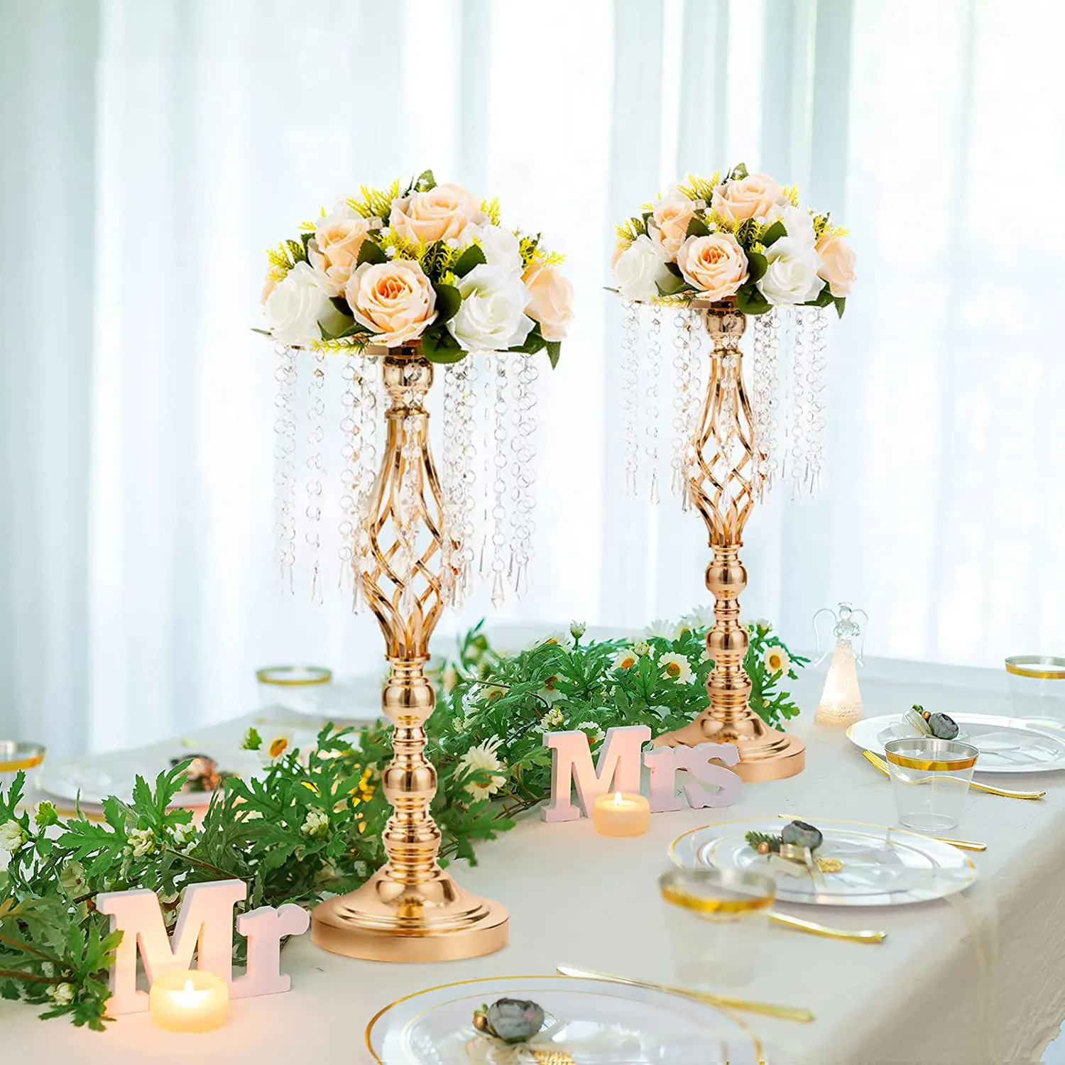 Nicro Wedding Party Table Centerpieces Luxury Metal Flower Rack Stand Flower Frame With Crystal Chain For Hotel Home Decoration
