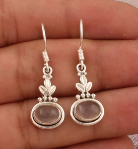 Pendientes de aro minimalistas de piedras preciosas ovaladas de cuarzo rosa de Plata de Ley 925 para mujer, regalo de boda, piedra natal de enero - Product Image 1