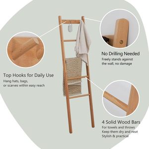 Escalera para Mantas de Madera de Haya, Soporte para Edredones de Estilo Rústico Natural de 5.3 pies con Ganchos Superiores, Estante Decorativo de 4 Barras para Mantas - Product Image 5