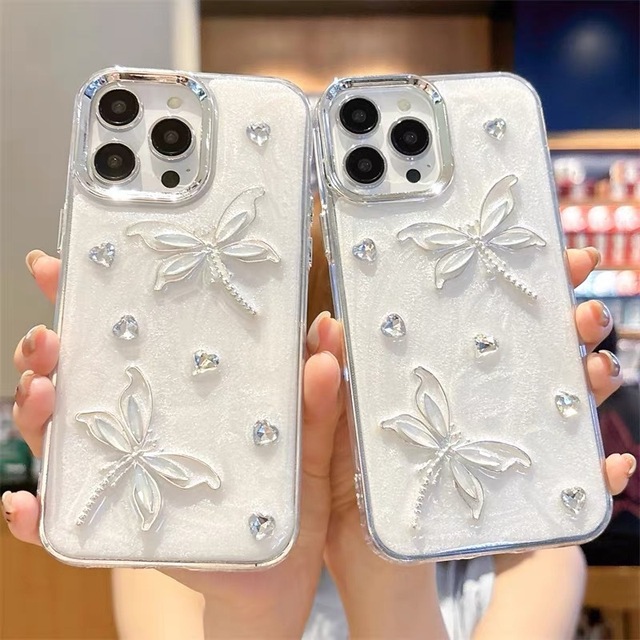 Drop Glue Rhinestone 3D Dragonfly TPU Shockproof Phone Grip Case for 16 Pro Max Luxury Design