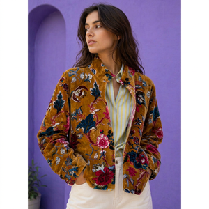 Chaqueta de Terciopelo Suave con Estampado Floral Mostaza para Mujer 2026, Abrigo Bohemio con Estampado Botánico, Blazer de Invierno de Inspiración Vintage - Product Image 1