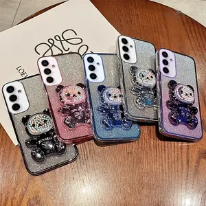Phone Case For Samsung Galaxy S24 Ultra S23 S22 S21 S20 Note 20 10 Luxury Gradient Glitter Plating Bear Holder Back Cover