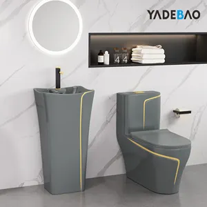 Mewah Abu-abu Emas Kamar Mandi Gravitasi Flushing WC P-trap/S-trap Berwarna Abu-abu Toilet Mangkuk Satu Potong WC Abu-abu Toilet Set