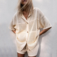 Nouvel ensemble de 2 pièces pour femmes, décontracté, à manches courtes, col en V, chemise squelette, shorts, couleur unie, sport
