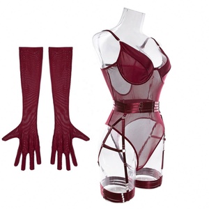 Ensemble de lingerie sexy transparente avec gants et jarretière 3 pièces pour femme, approvisionnement ODM, décoré de trous - Product Image 5
