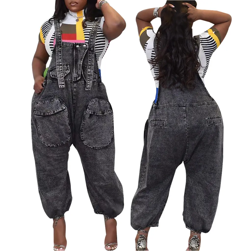 Hsf2608 Nieuwste Populaire Mode Veelzijdige Jean Jumpsuits Vrouwen Wijde Pijpen Overalls Losse Riem Broek Denim Jumpsuit Vrouwen