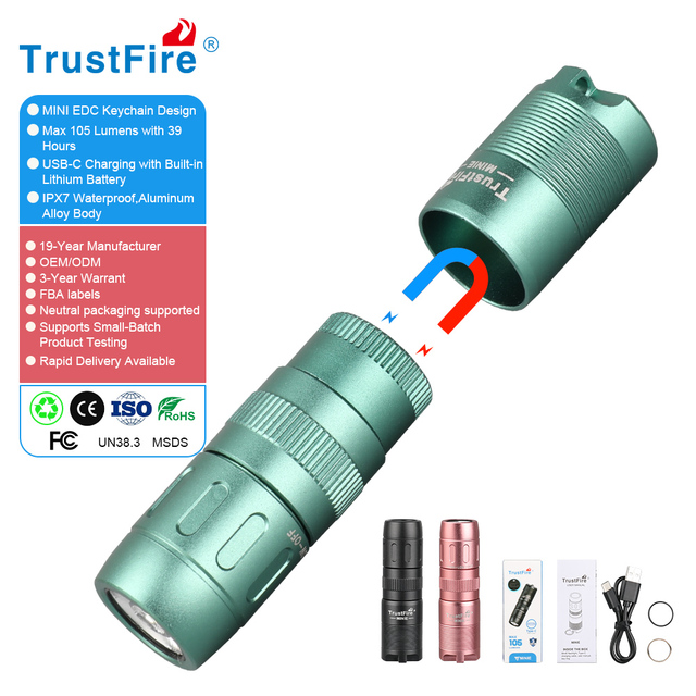 TrustFire 105 Lumen Mini Led Portable Magnetic Flashlight USB C Rechargeable EDC Aluminum Alloy Keychain Torch for Everyday Use
