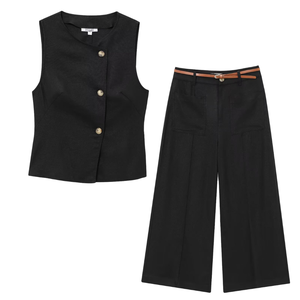 Women's Black Sleeveless <b>Blazer</b> Top with Button Detail Wide Leg Pants Two Piece <b>Set</b> Casual Eco-Friendly Summer Wear - Product Image 1