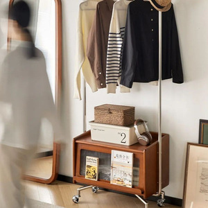 Retro Solid Wood Coat Rack Scandinavian Style Movable Floor Standing Multi Functional Entryway Storage With Wheels Oak Color - Product Image 3