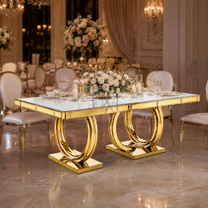 Mesa de Boda Rectangular Moderna de Acero Inoxidable Dorado con Base de Doble Anillo para Proyectos de Banquetes, Venta al Por Mayor - Product Image 3