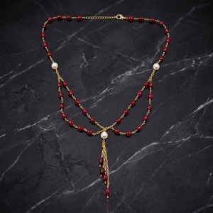 Collier personnalisé en alliage de zinc plaqué rhodium avec pierre précieuse rubis rouge, perles à double couche, chaîne à pampilles en perles, bijou de luxe pour femme - Product Image 4