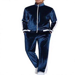 Ensemble de survêtement en velours bleu marine pour homme, fermeture éclair intégrale, coupe décontractée, vêtements de sport, matière polyester, poches latérales - Product Image 1