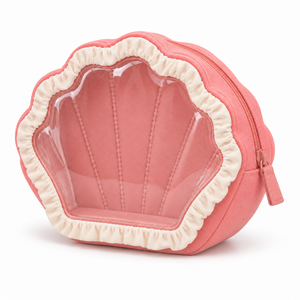 Vial Case Shell Shape Toiletry Bag Ruffle Trim Clear PVC Window Cotton Canvas Coral Pink Wash Pouch Custom Logo - Product Image 4