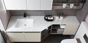 Mueble de Baño Moderno Beige Acanalado con Gabinetes Abiertos Grises, Conjuntos de Muebles de Baño al por Mayor con Lavabo y Grifo - Product Image 2