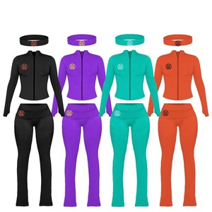 Ensemble de vêtements de détente personnalisés <span class=keywords><strong>pour</strong></span> le fitness, deux pièces, adapté aux grandes filles, veste zippée et <span class=keywords><strong>pantalon</strong></span> évasé à revers, ensemble assorti avec bandeau <span class=keywords><strong>pour</strong></span> femmes - Product Image 4