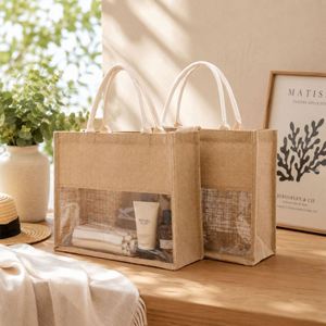 Bolsa de Yute Natural con Logotipo Personalizado y Ventana Transparente de PVC, Bolsas de Compras Ecológicas al por Mayor para Venta al por Menor o Regalos - Product Image 1