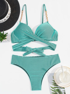 Ensemble bikini 2 pièces rayé pour femme, haut dos nu et <span class=keywords><strong>bas</strong></span> string croisé, <span class=keywords><strong>maillot</strong></span> <span class=keywords><strong>de</strong></span> bain personnalisable avec logo - Product Image 2