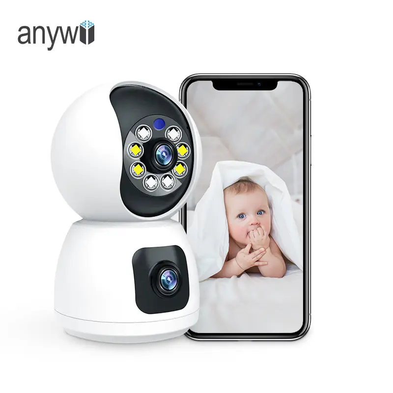 كاميرا مراقبة Anywii OEM P100A للرؤية الليلية للطفل 1080P مزدوجة العدسات كاميرا مزودة بخاصية WIFI مع صوت ثنائي الاتجاه كاميرا أمن منزلية داخلية