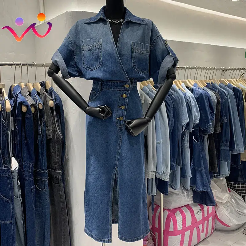 New Denim Ve Áo Nút Túi Thời Trang Ăn Mặc Giản Dị Phụ Nữ Trang Phục Chính Thức Dresses 2023 Cao Bồi Thời Trang Phố Mùa Hè Dài Dresses Cho Phụ Nữ