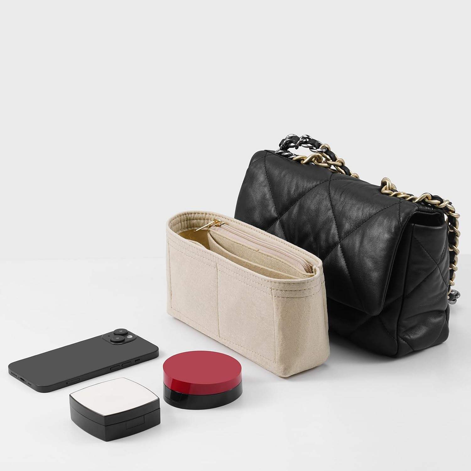 Organizer Per Borse In Feltro Beige - Tasca Con Cerniera Rimovibile 2 In 1