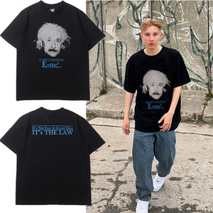 T-shirt décontracté pour homme à manches courtes en coton 100% noir, coupe classique, imprimé par sublimation 3D avec portrait d'Einstein, respirant et à séchage rapide - Product Image 3