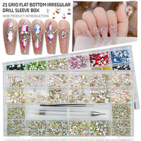 21 compartiments/boîte de charms en strass pour nail art, forme diamant à fond plat, motifs irréguliers, assortiment de strass