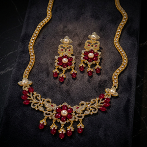 Luxury Brass <b>Ruby</b> Floral <b>Necklace</b> Set With Pearl Accents Traditional Indian Bridal Gold Plated Choker Jewelry For Women - Product Image 3