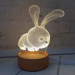 Lampe LED 3D en forme de lapin, joli luminaire d'ambiance, Base en bois, idéal pour la chambre d'un enfant ou comme cadeau de vacances