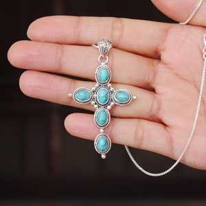Collier Turquoise Pendentif Croix En Argent Sterling Solide Collier Croix Turquoise Vintage Meilleur Cadeau De Noël - Product Image 1