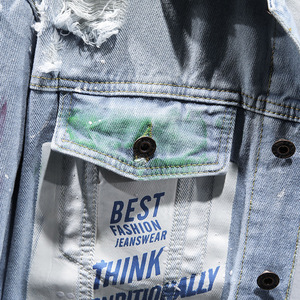 Mode Streetwear hommes impression Jean <span class=keywords><strong>veste</strong></span> bouton up Graffiti peinture déchiré bleu clair hommes Denim <span class=keywords><strong>veste</strong></span> manteau - Product Image 4